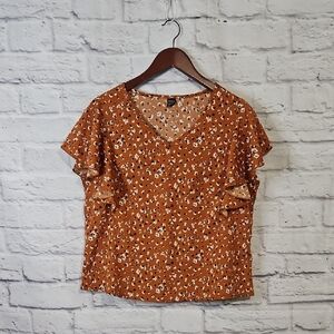 SHEIN Burnt Orange Floral V-Neck Blouse